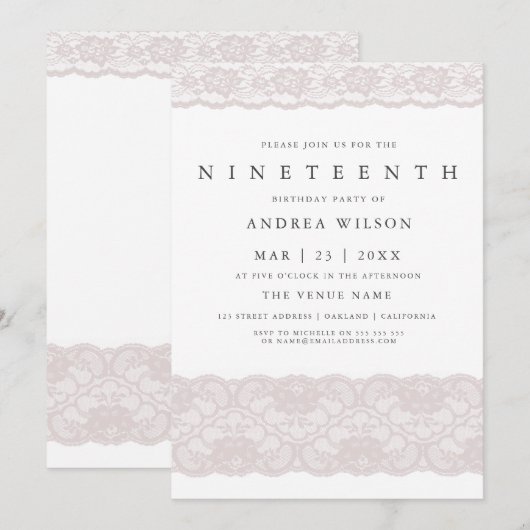 Girls Pink Lace 19e verjaardag Kaart (Voorkant / Achterkant)