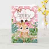 Girl's Pink Oerwoud Giraffe Theme 5th Birthday Kaart (Gele Bloem)
