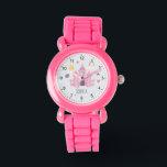 Girls Pink Princess Castle en Crown Kinder Horloge<br><div class="desc">Dit schattige kinder horlogeontwerp is voorzien van een roze prinseskasteel,  kroon,  sterren,  harten en bloemen,  en kan gepersonaliseerd worden met je meisjesnaam. Het perfecte roze magische geschenk voor je prins of prinsesliefhebbend kind!</div>