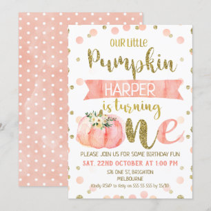 Girls Pink Pumpkin First Birthday Uitnodiging