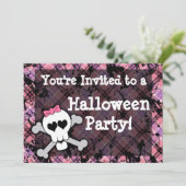 Girl's Pink Skull Halloween Party Kaart (Staand voorkant)