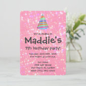 Girls Pink Sparkle 7th Birthday Party Invite Kaart (Staand voorkant)