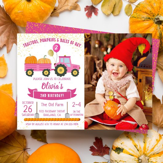 Girls Pink Tractor Pumpkin Herfst Birthday foto Kaart
