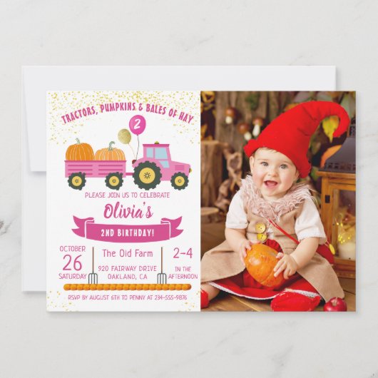 Girls Pink Tractor Pumpkin Herfst Birthday foto Kaart (Voorkant)