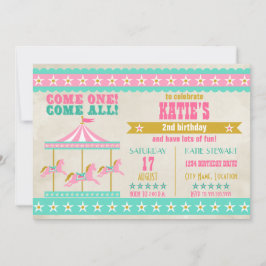 Girl's Pink Turquoise Gold Carousel Party Kaart