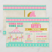Girl's Pink Turquoise Gold Carousel Party Kaart (Voorkant / Achterkant)