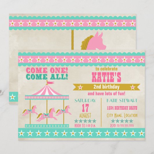 Girl's Pink Turquoise Gold Carousel Party Kaart (Voorkant / Achterkant)