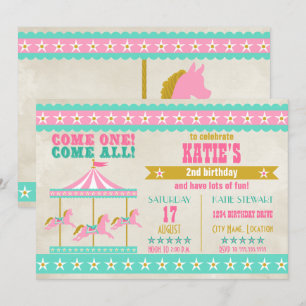 Girl's Pink Turquoise Gold Carousel Party Kaart