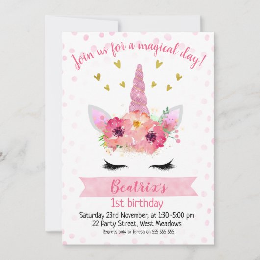 Girls Pink Unicorn Face Birthday Uitnodiging (Voorkant)