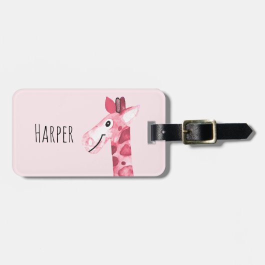 Girl's Pink Waterverf Giraffe Safari & Kinder naam Bagagelabel (Voorkant horizontaal)