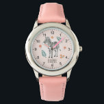 Girls Pink Waterverf Safari Zebra en naam Kinderen Horloge<br><div class="desc">Dit trendy en schattig kind horloge heeft een zebra cartoon,  en waterverf bloemen,  en heeft ruimte om je meisjesnaam toe te voegen in mooie typografie. Het perfecte cadeau voor elke safari dierliefhebber.</div>