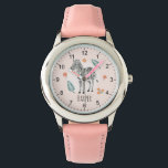 Girls Pink Waterverf Safari Zebra en naam Kinderen Horloge<br><div class="desc">Dit trendy en schattig kind horloge heeft een zebra cartoon,  en waterverf bloemen,  en heeft ruimte om je meisjesnaam toe te voegen in mooie typografie. Het perfecte cadeau voor elke safari dierliefhebber.</div>