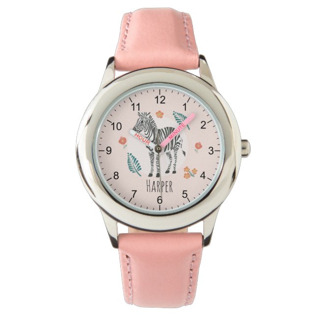 Girls Pink Waterverf Safari Zebra en naam Kinderen Horloge (Voorkant)
