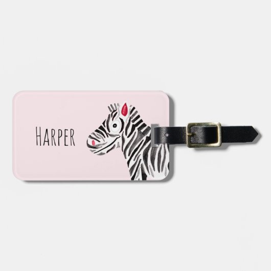 Girl's Pink Waterverf Zebra Safari en Kinder naam Bagagelabel (Voorkant horizontaal)