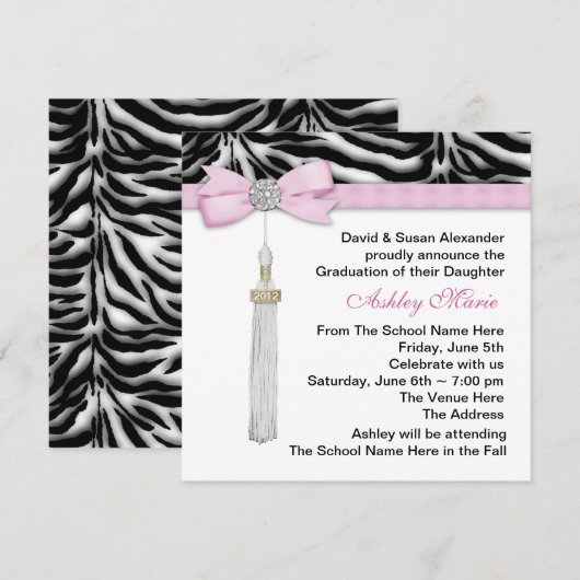 Girls Pink Zebra afstudeeraankondigingen Kaart (Voorkant / Achterkant)