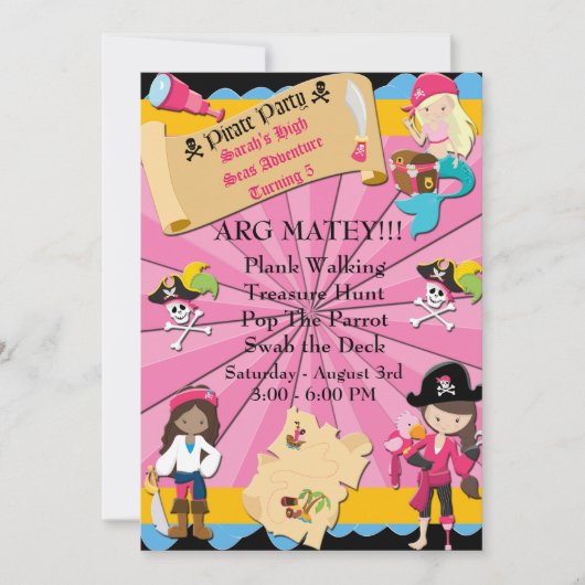 Girls Pirate Adventure Birthday Party Invite Kaart (Voorkant)