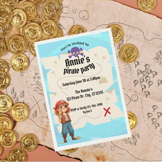 Girls Pirate Map Birthday Party Invitation Kaart