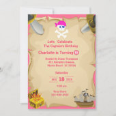 Girls Pirate Skull Map Birthday Party Invitation Kaart (Voorkant)