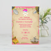 Girls Pirate Skull Map Birthday Party Invitation Kaart (Staand voorkant)