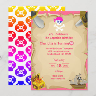 Girls Pirate Skull Map Birthday Party Invitation Kaart