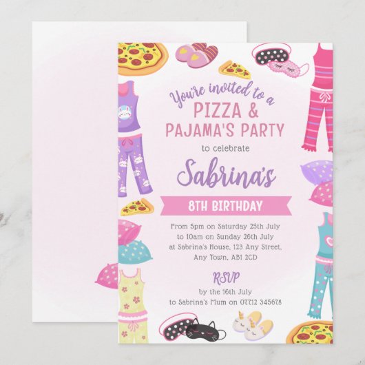 Girls Pizza & Pajama Party Invite - Sleepover Fun Kaart (Voorkant / Achterkant)