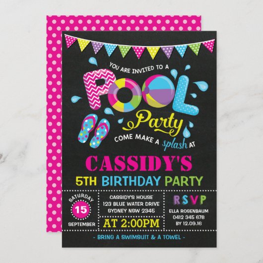 Girls Pool Party Birthday Chalkboard Invitation Kaart (Voorkant / Achterkant)