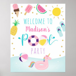 Girls Pool Party Ice Cream Birthday Welkom Poster