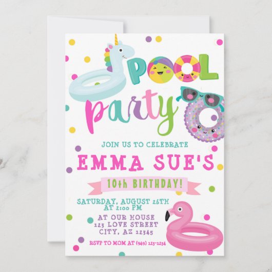 Girl's Pool Party Unicorn Flamingo Float Birthday Kaart (Voorkant)