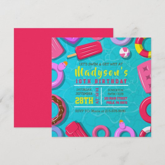 GIRLS POOL SWIM FLOATS Birthday Party Invitation Kaart (Voorkant / Achterkant)