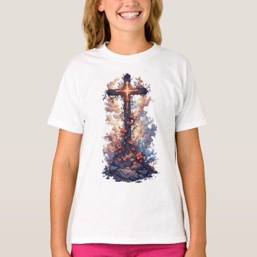 Girl's Pretty Floral Christian Cross Tee Shirt (Voorkant)