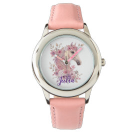 Girls Pretty Ponies Pastel Floral Horse Horloge