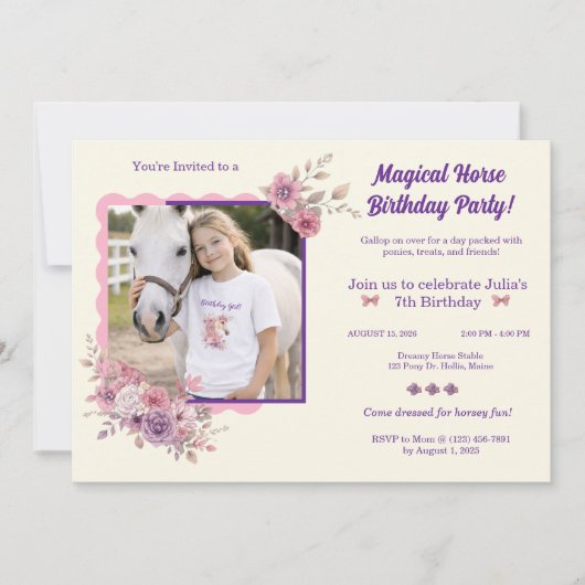 Girls Pretty Ponies Pastel Floral Horse Invitation Kaart (Voorkant)