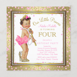 Girls Princess 4th Birthday Party Pink Gold Kaart