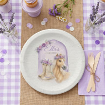 Girls Purple Floral Horse Birthday Paper Plates