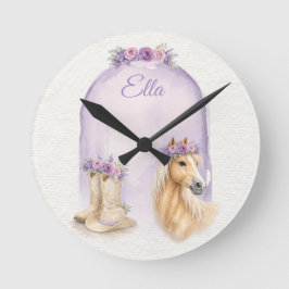 Girls Purple Floral Horse Ronde Klok