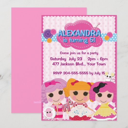 Girls Rag Doll Birthday Party Kaart (Voorkant / Achterkant)