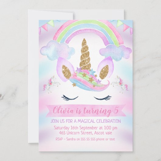 Girls Rainbow Unicorn Birthday Uitnodiging (Voorkant)