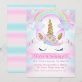 Girls Rainbow Unicorn Birthday Uitnodiging (Voorkant / Achterkant)