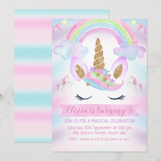 Girls Rainbow Unicorn Birthday Uitnodiging (Voorkant / Achterkant)