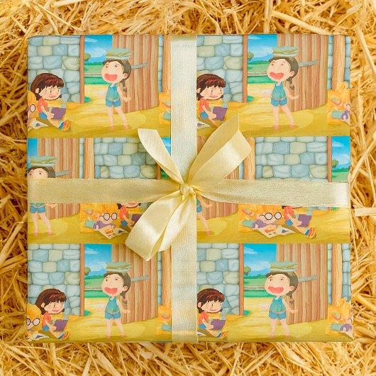 Girls Reading In A Barn Wrapping Paper Cadeaupapier