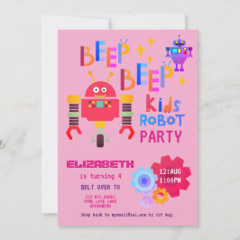 Girls ROBOT PARTY Pink Birthday Cartoon Cute Kaart