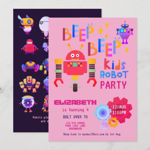 Girls ROBOT PARTY Pink Birthday Cartoon Cute Kaart
