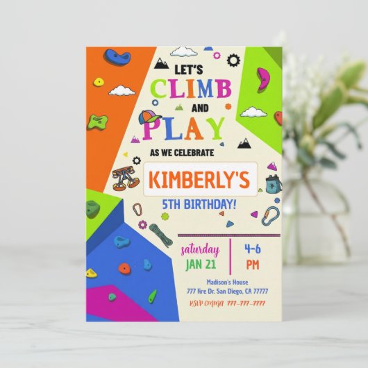 Girls Rock Climbing Birthday Party Invitation Kaart (Staand voorkant)