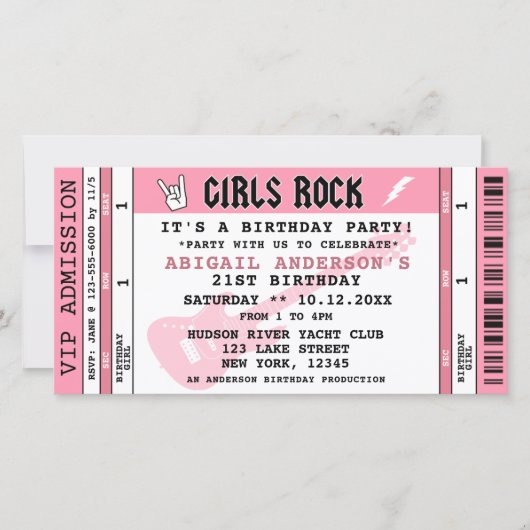 GIRLS ROCK CONCERT TICKET VERJAARDAG UITNODIGING (Voorkant)
