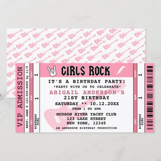 GIRLS ROCK CONCERT TICKET VERJAARDAG UITNODIGING (Voorkant / Achterkant)