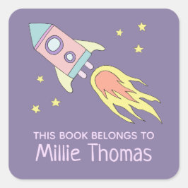 Girl's Rocket Ship 'Dit boek behoort' en naam Vierkante Sticker