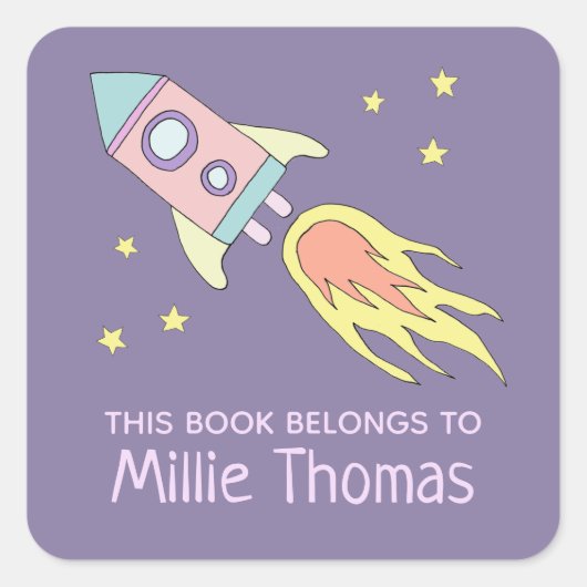 Girl's Rocket Ship 'Dit boek behoort' en naam Vierkante Sticker (Voorkant)