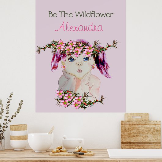 Girls Room Custom Floral Pink Paars Wilde bloem Poster (Keuken)