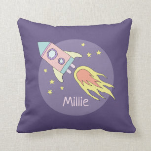 Girl's roze Rocket Ship Space and Name Kinder Kussen