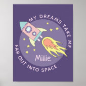 Girl's roze Rocket Ship Space and Name Kinder Poster (Voorkant)